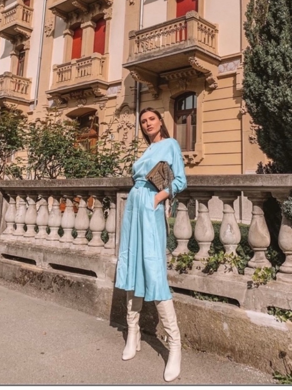 Zara Light Blue Belted Midi Dress
